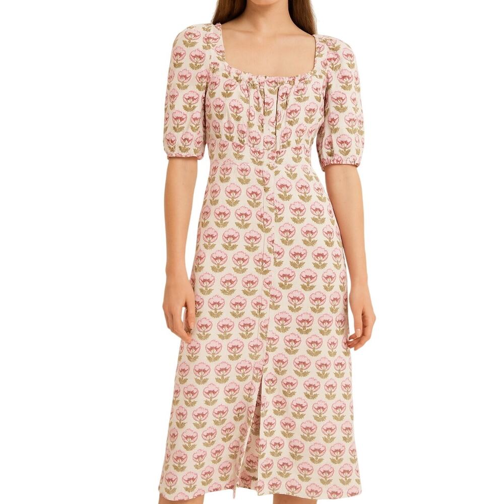 Beau & Ro Pink Floral Block Printed Midi Dress Size XS